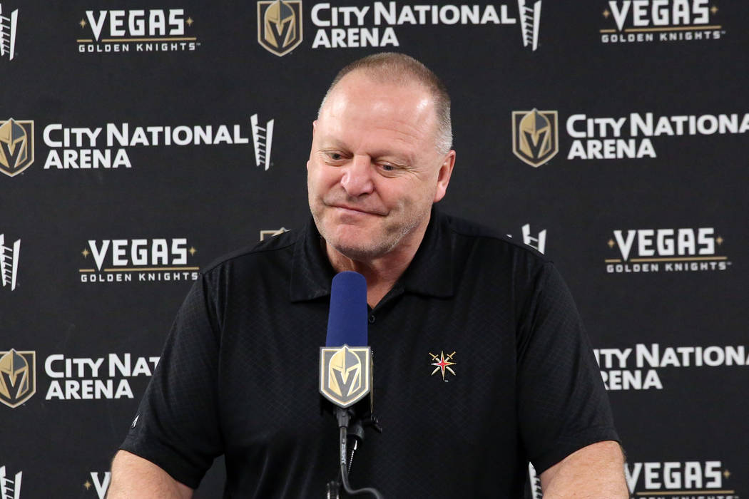 Golden Knights coach Gerard Gallant pauses as he addresses the media at City National Arena on ...
