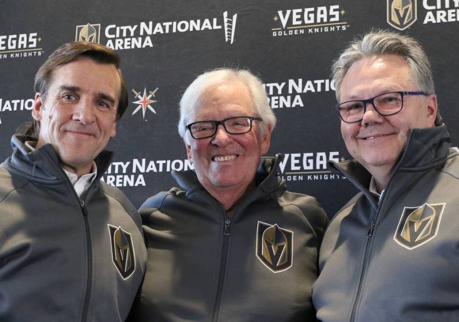 Golden Knights president of hockey operations George McPhee, left, owner Bill Foley and Kelly M ...