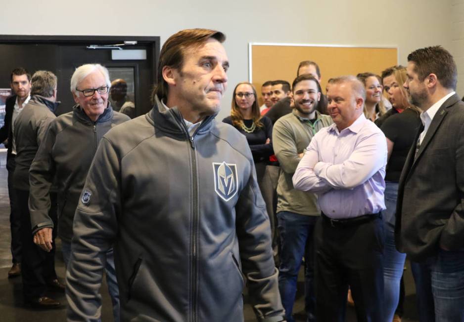 Golden Knights owner Bill Foley, left, and president of hockey operations George McPhee arrive ...