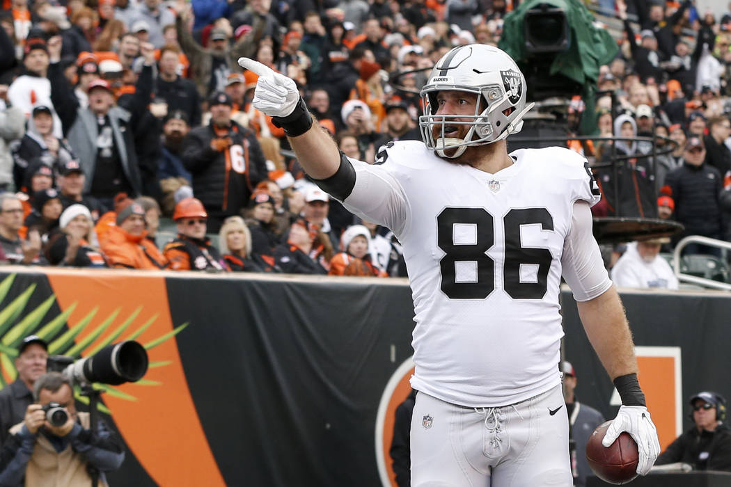 Oakland Raiders tight end Lee Smith celebrates after scoring a touchdown in the first half of a ...