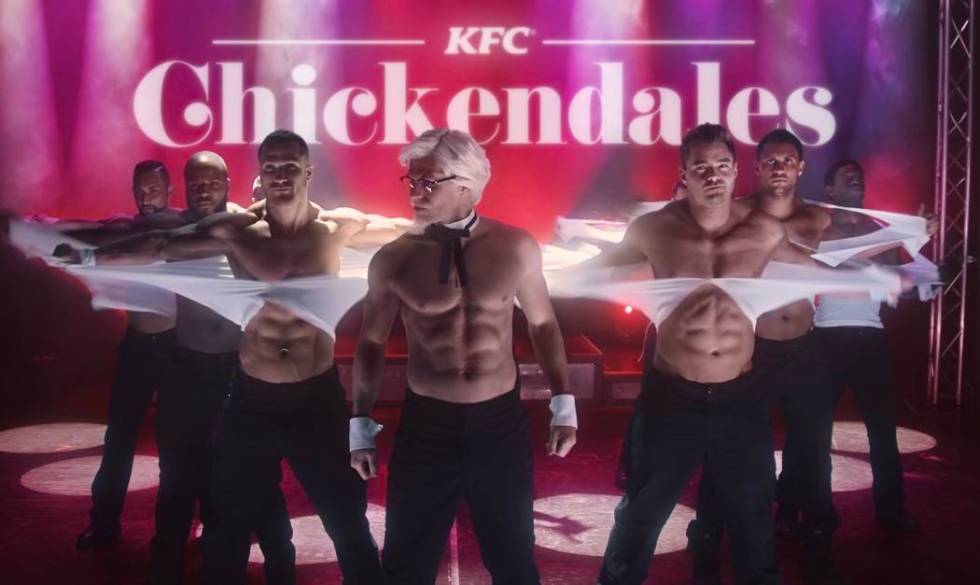 Ryan Kelsey and the "Chippendales" at the Rio cast are shown as the KFC "Chickendales" for the ...