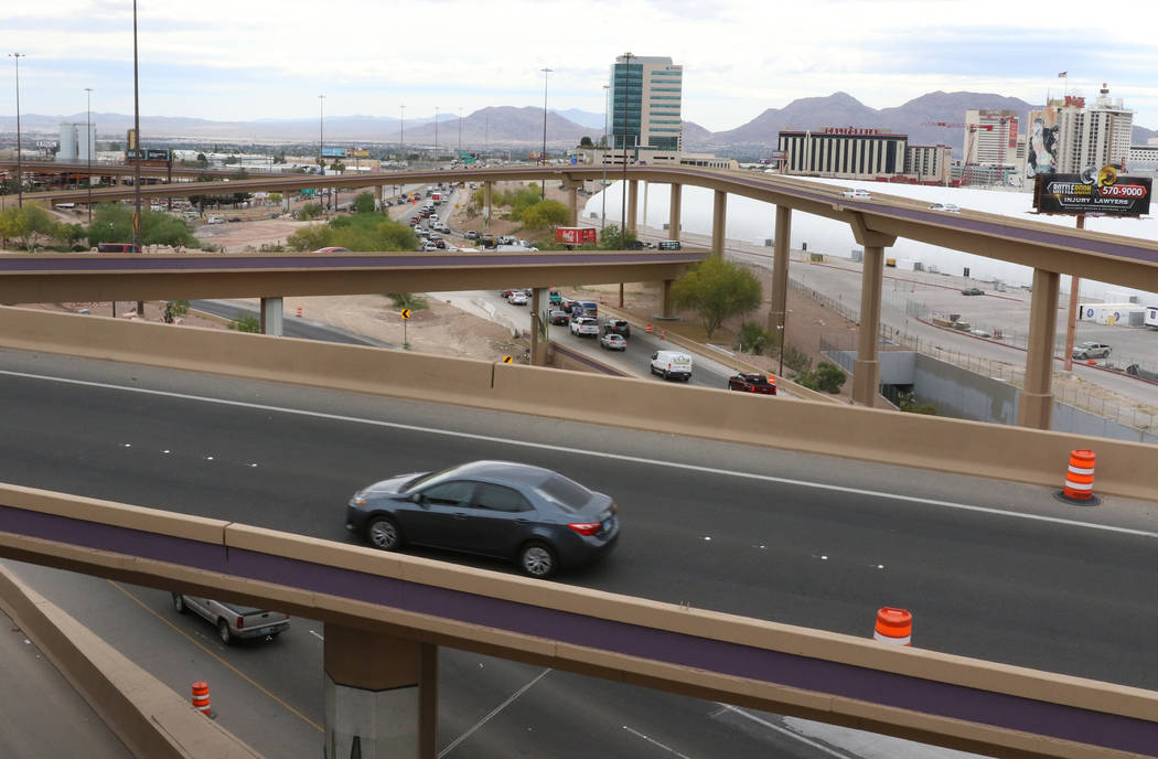 The Spaghetti Bowl is seen from the newly completed Project Neon HOV flyover ramp on Thursday, ...