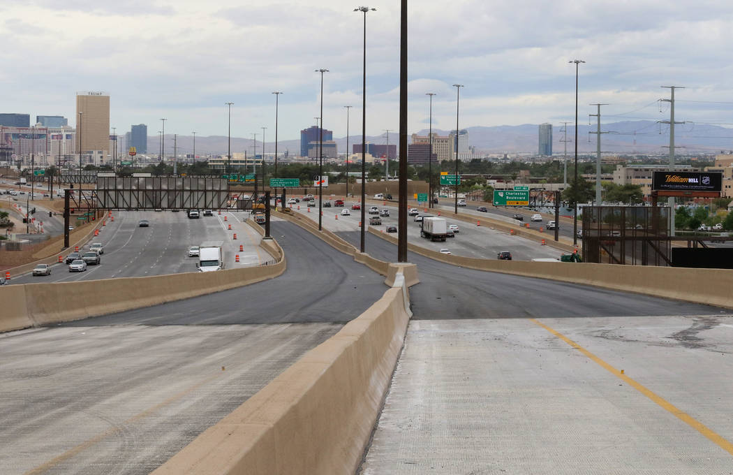 The newly completed Project Neon HOV flyover ramps in the Spaghetti Bowl are seen on Thursday, ...