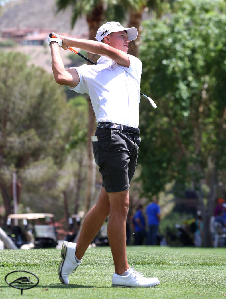 Arbor View's Hazen Newman watches his drive during the Nevada State High School Regional Golf T ...