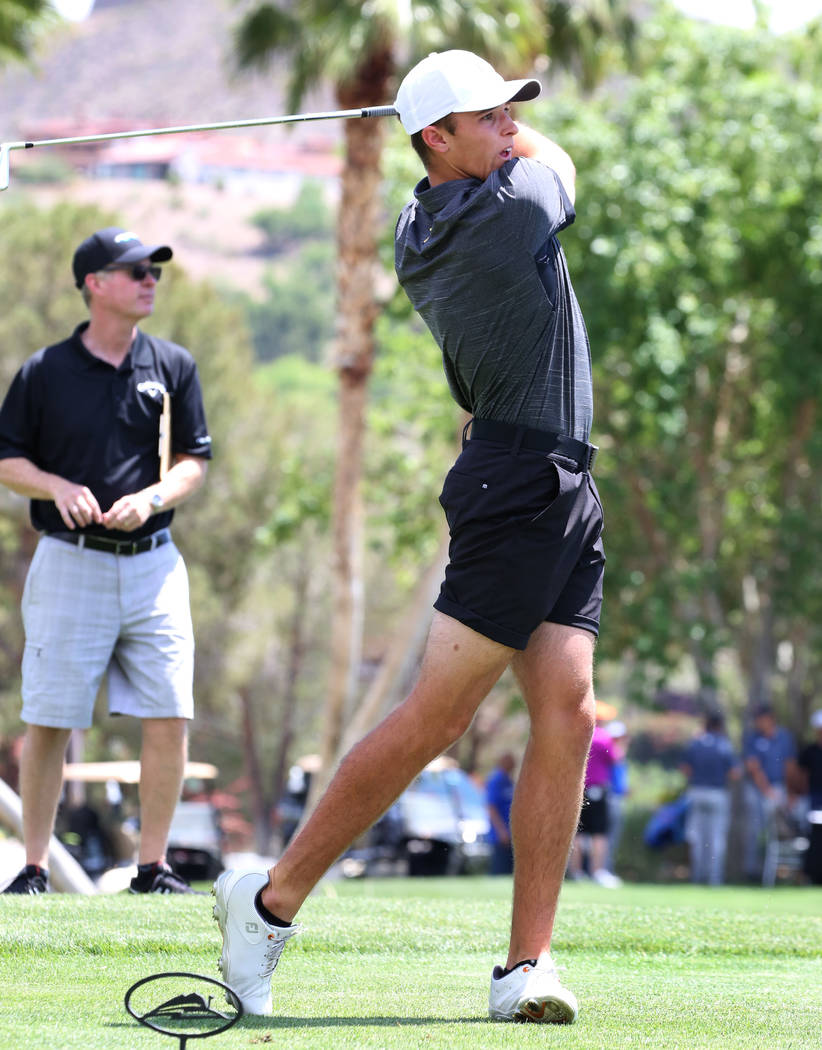 Faith Lutheran's Cannon Olkowski watches his drive during the Nevada State High School Regional ...