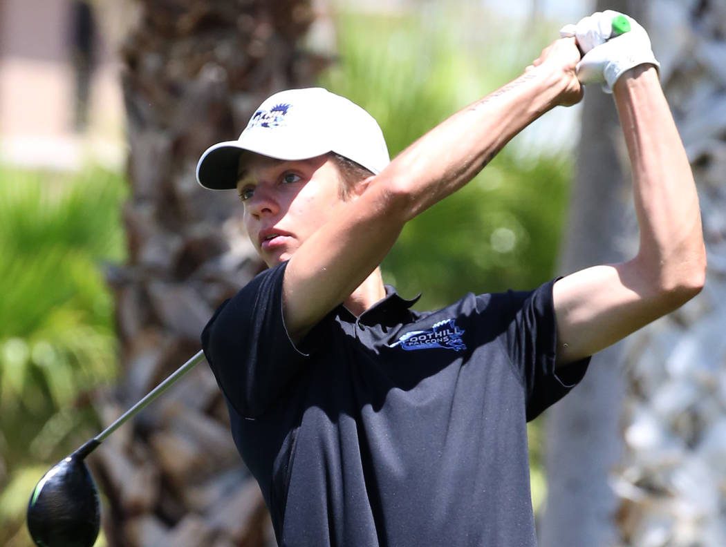Foothill High's Trenton Tyler watches his drive during the Nevada State High School Regional Go ...