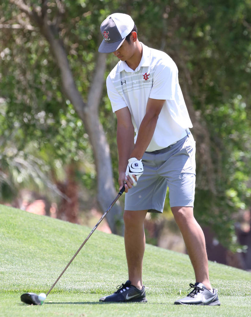 Arbor View High's Max Gowdey prepares to hit his drive during the Nevada State High School Regi ...