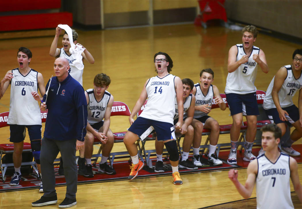 Coronado players, including Brian Wightman (14), celebrate after winning a set during the Deser ...