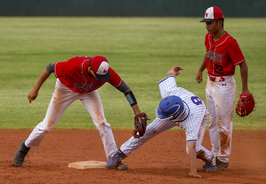 Las Vegas' Nathan Freimuth (12) tags out Reno's Gunner Gouldsmith (8) who misses the base and g ...