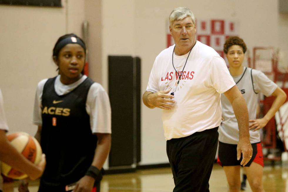 Las Vegas Aces Coach Bill Laimbeer leads practice during the first training camp of the season ...