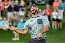 Max Homa celebrates after winning the Wells Fargo Championship golf tournament at Quail Hollow ...