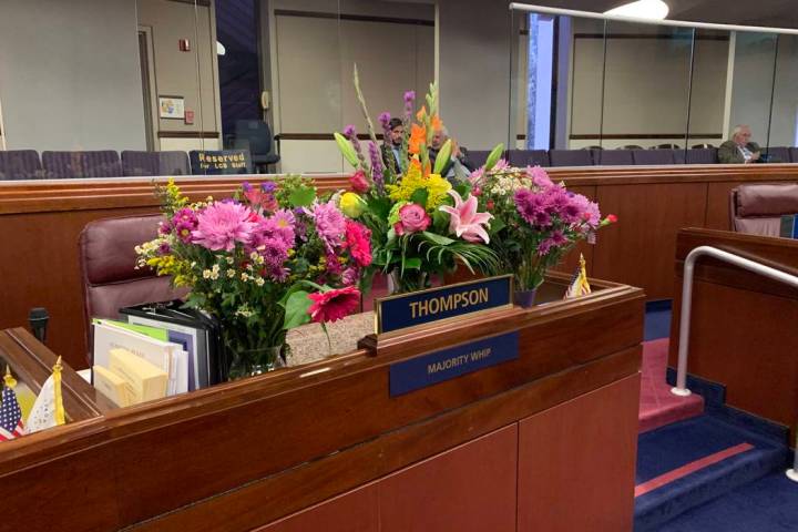 Flower bouquets in memory of Assemblyman Tyrone Thompson were placed on his desk in Assembly ch ...