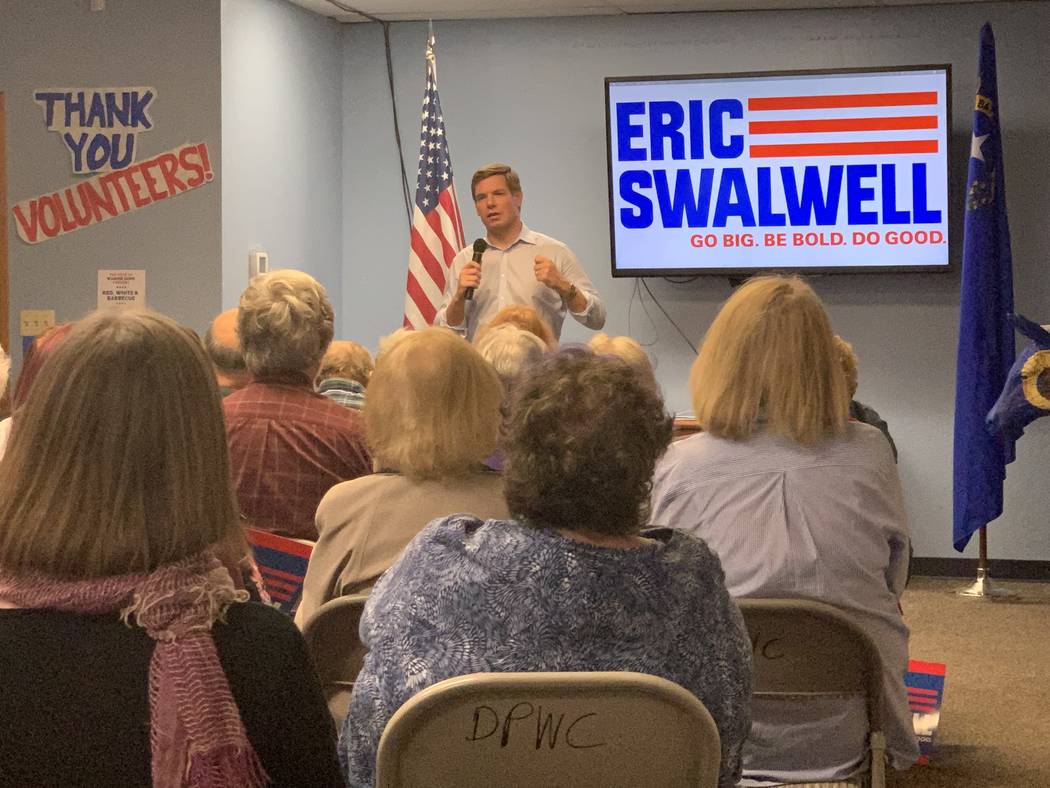 California Rep. Eric Swalwell speaking to a gathering of Washoe County Democrats in Reno Monday ...