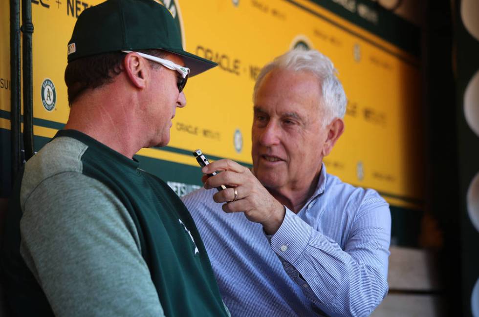 Oakland Athletics broadcaster Ken Korach, a Las Vegas resident, interviews manager Bob Melvin b ...