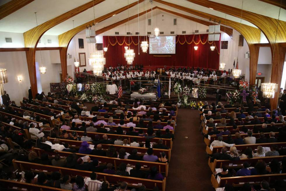 People attend the funeral service for Assemblyman Tyrone Thompson, who died May 4 at age 51, at ...
