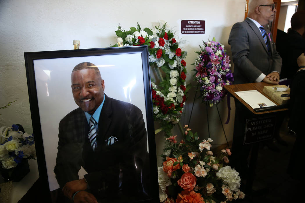 A picture of Assemblyman Tyrone Thompson, who died May 4 at age 51, during his funeral service ...