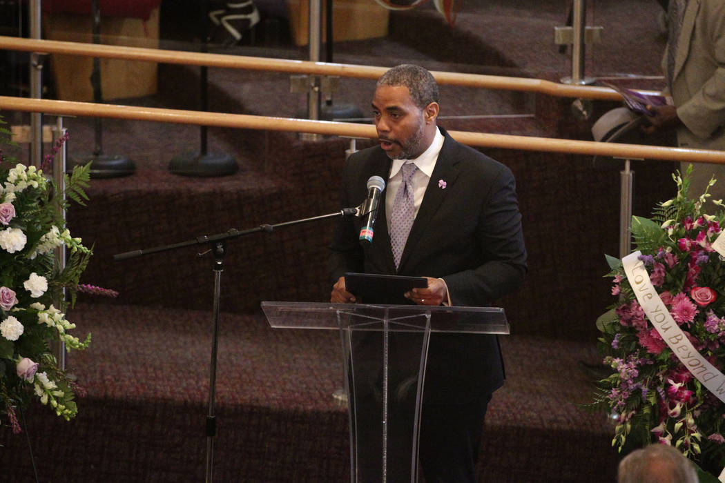 Rep. Steven Horsford, D-Nev., speaks during funeral service for Assemblyman Tyrone Thompson, wh ...