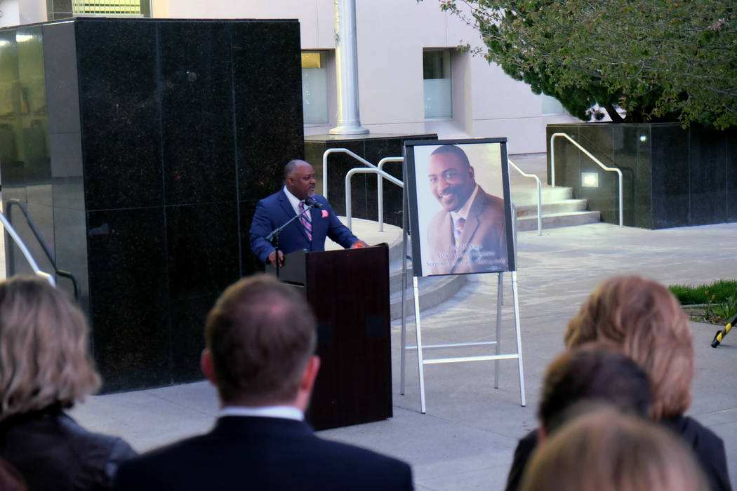 Assembly Speaker Jason Frierson speaks at the candlelight remembrance for North Las Vegas Assem ...