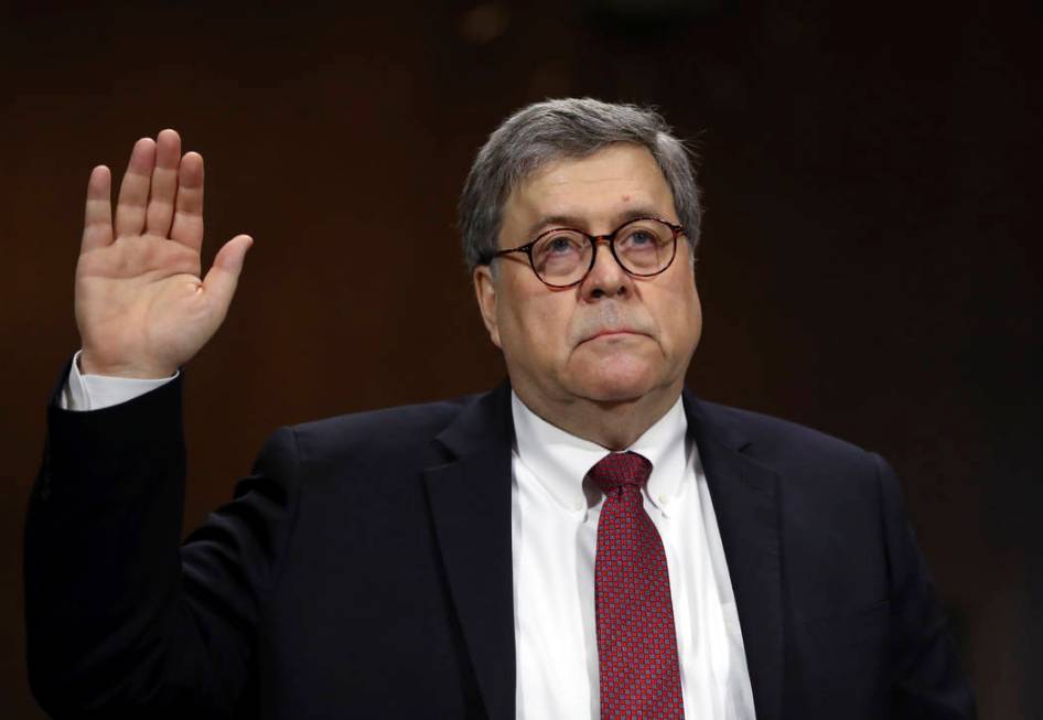 Attorney General William Barr is sworn in to testify before the Senate Judiciary Committee hear ...