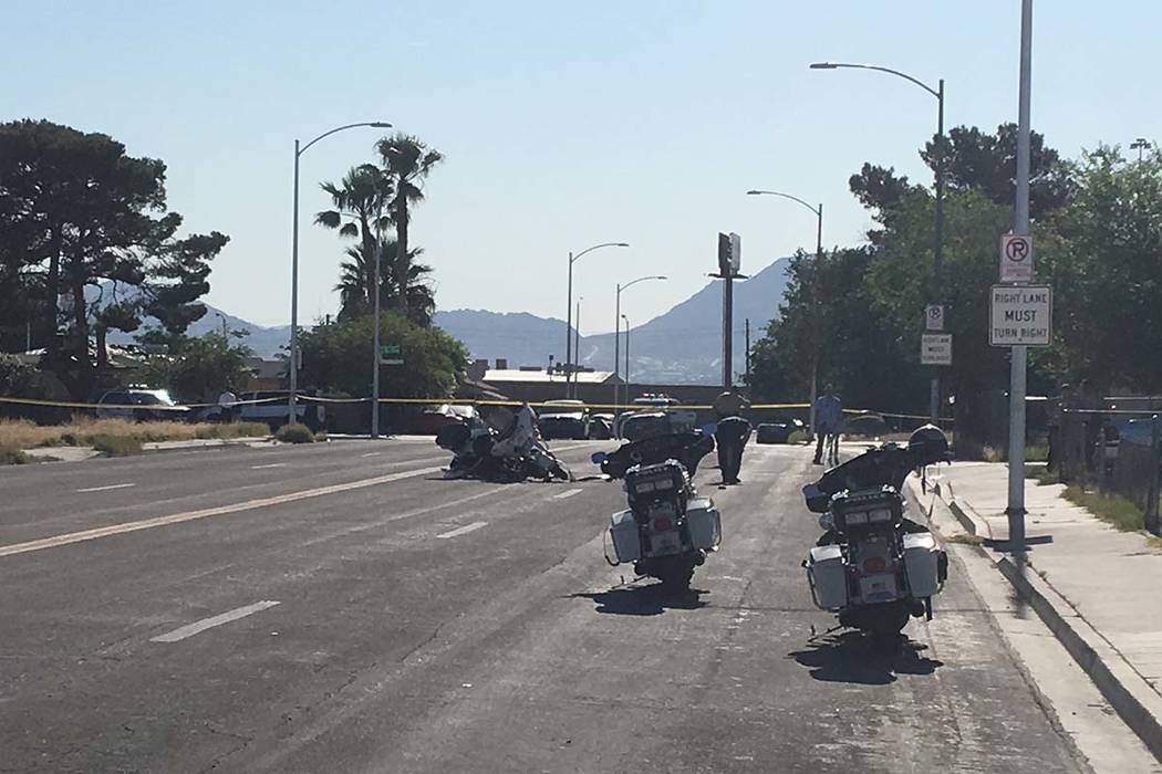 A Las Vegas motorcycle officer suffered minor injuries when a driver he had stopped for a traff ...