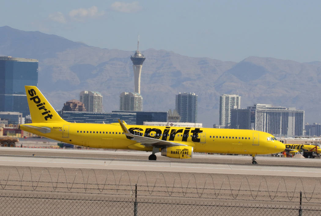 A Spirit Airlines plane taxied along the runway after landing at McCarran International Airpor ...