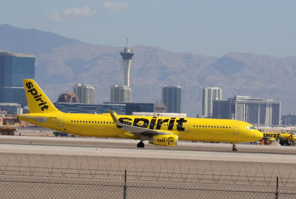 A Spirit Airlines plane taxied along the runway after landing at McCarran International Airpor ...