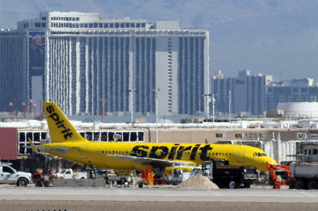 A Spirit Airlines plane taxied at McCarran International Airport on Wednesday, May 8, 2019, in ...