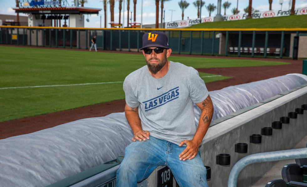 The Aviators head groundskeeper Collin Doebler with their new field tarp at Las Vegas Ballpark, ...