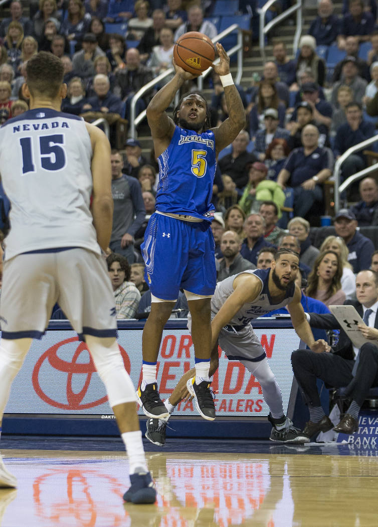 South Dakota State guard David Jenkins (5) shoots against Nevada in the second half of an NCAA ...