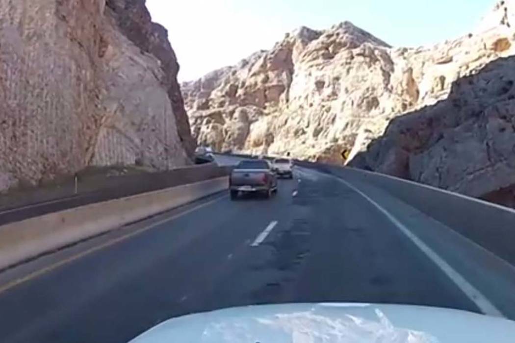 This image from video shows vehicles on Interstate 15 traveling through the Virgin River Gorge. ...