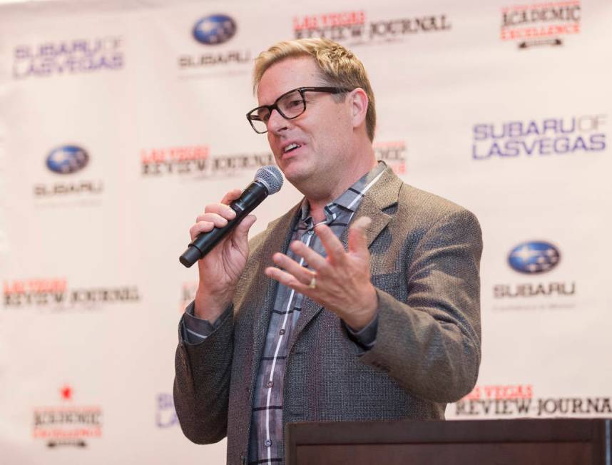 Sponsor Burton Hughes with Subaru of Las Vegas speaks during the Las Vegas Review-Journal's Aca ...