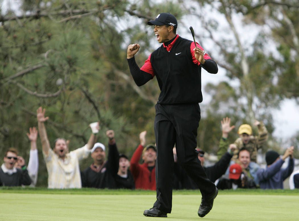 FILE - In this Jan. 27, 2008, file photo, Tiger Woods and the gallery celebrate his birdie on t ...