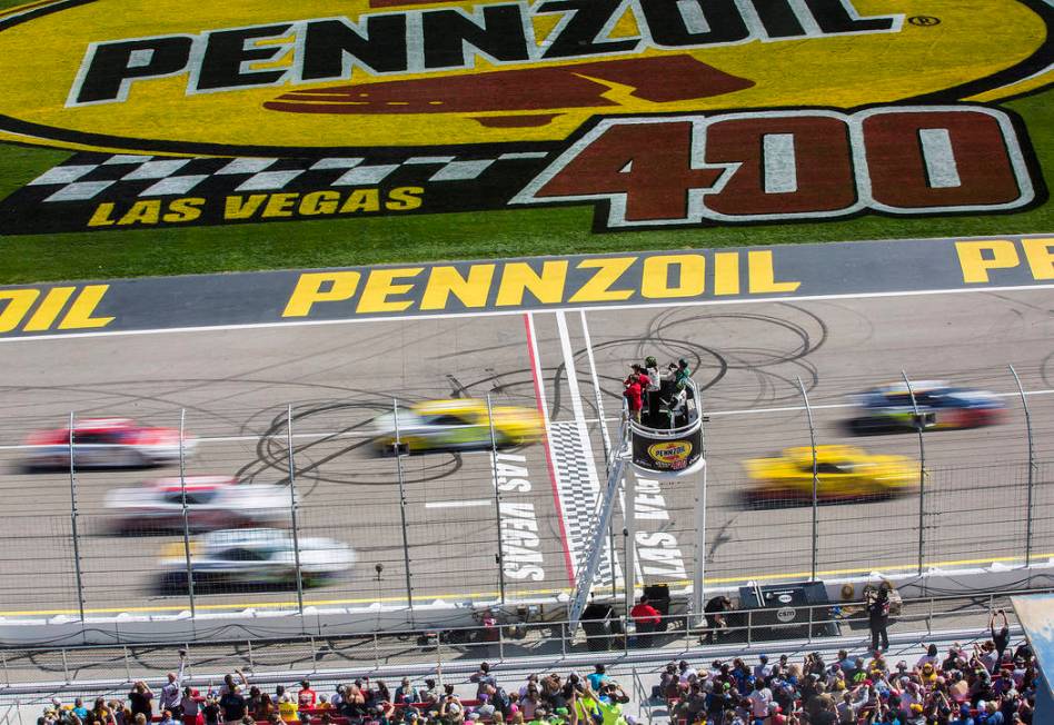 Racers compete in the Monster Energy NASCAR Cup Series Pennzoil 400 on Sunday, March 3, 2019, a ...