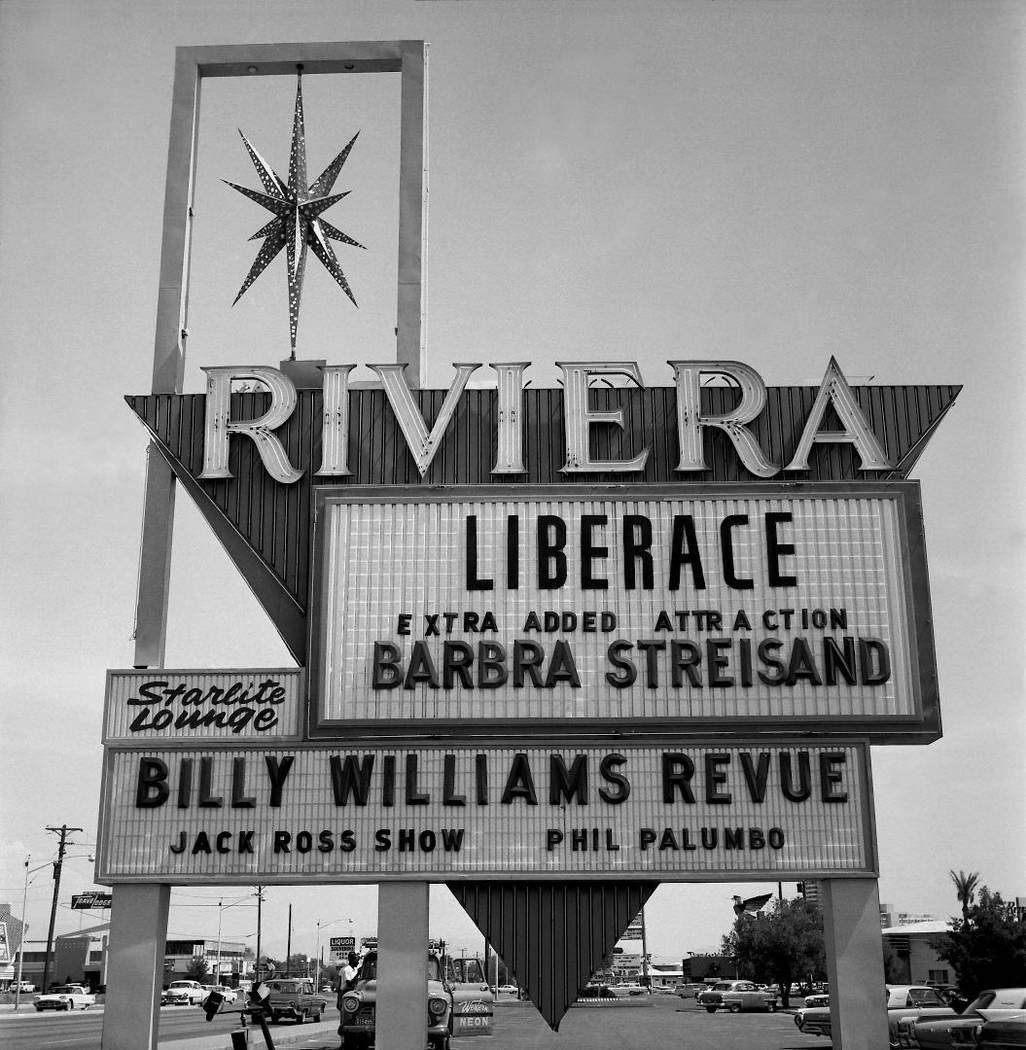 Riviera Hotel marquee on Aug. 4, 1963, with Liberace and Barbra Streisand. (Las Vegas News Bureau)