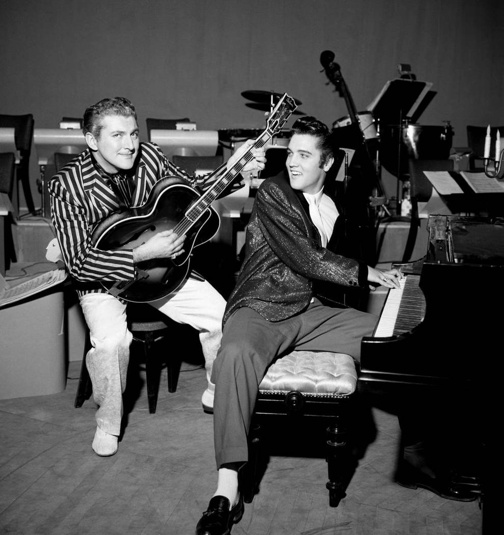 Liberace and Elvis at the Riviera on Nov. 14, 1956. (Las Vegas News Bureau)