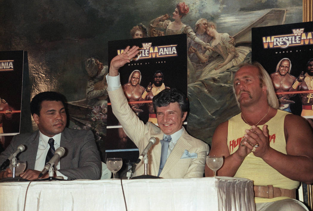 Muhammad Ali shown with Liberace, Hulk Hogan on March 29, 1985 at Madison Square Garden for Wre ...