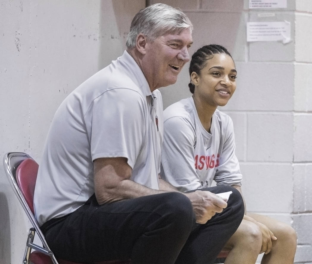 Dominique Wilson, right, talks with Aces head coach Bill Laimbeer during practice on Friday, Ma ...