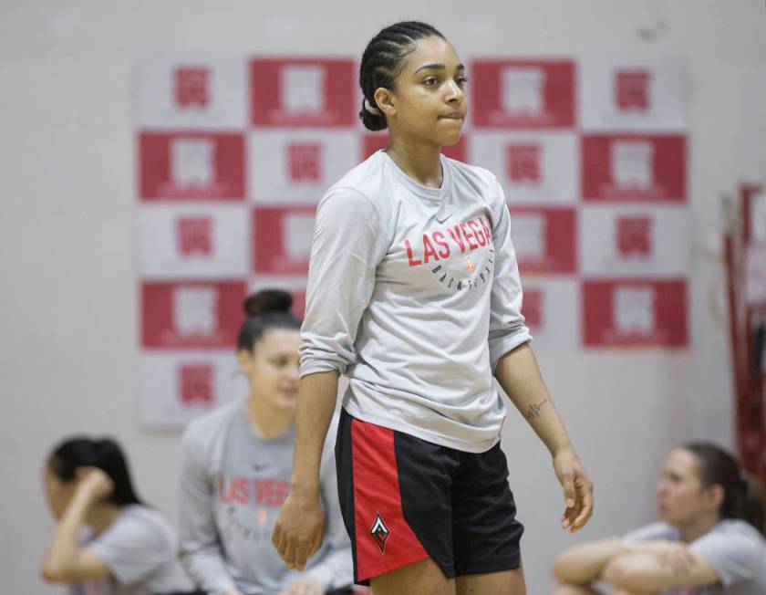 Dominique Wilson, middle, cools down after Aces practice on Friday, May 10, 2019, at Cox Pavili ...