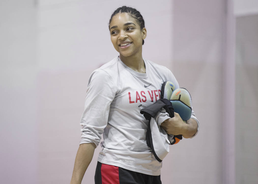 Dominique Wilson exits the gym after Aces practice on Friday, May 10, 2019, at Cox Pavilion, in ...
