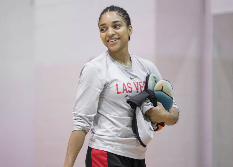 Dominique Wilson exits the gym after Aces practice on Friday, May 10, 2019, at Cox Pavilion, in ...