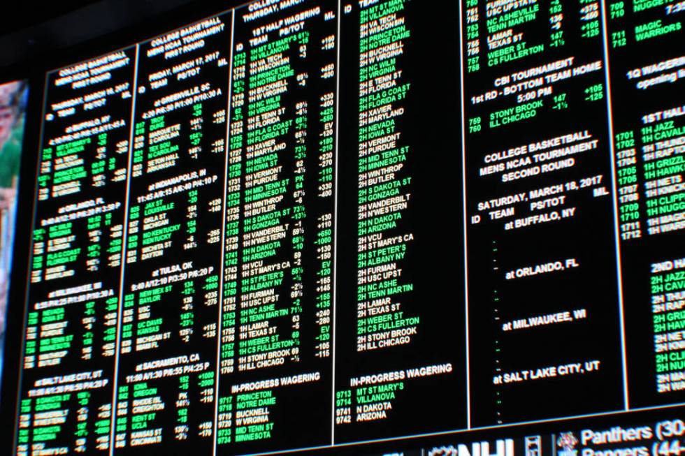 The gambling board at the Westgate in Las Vegas during the NCAA March Madness tournament on Mar ...