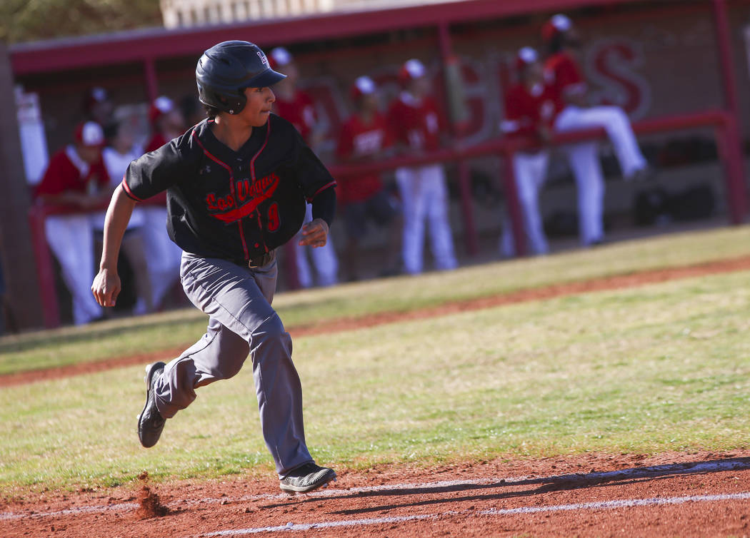 Las Vegas' Jose Martinez (9) runs to first base during a baseball game at Arbor View High Schoo ...