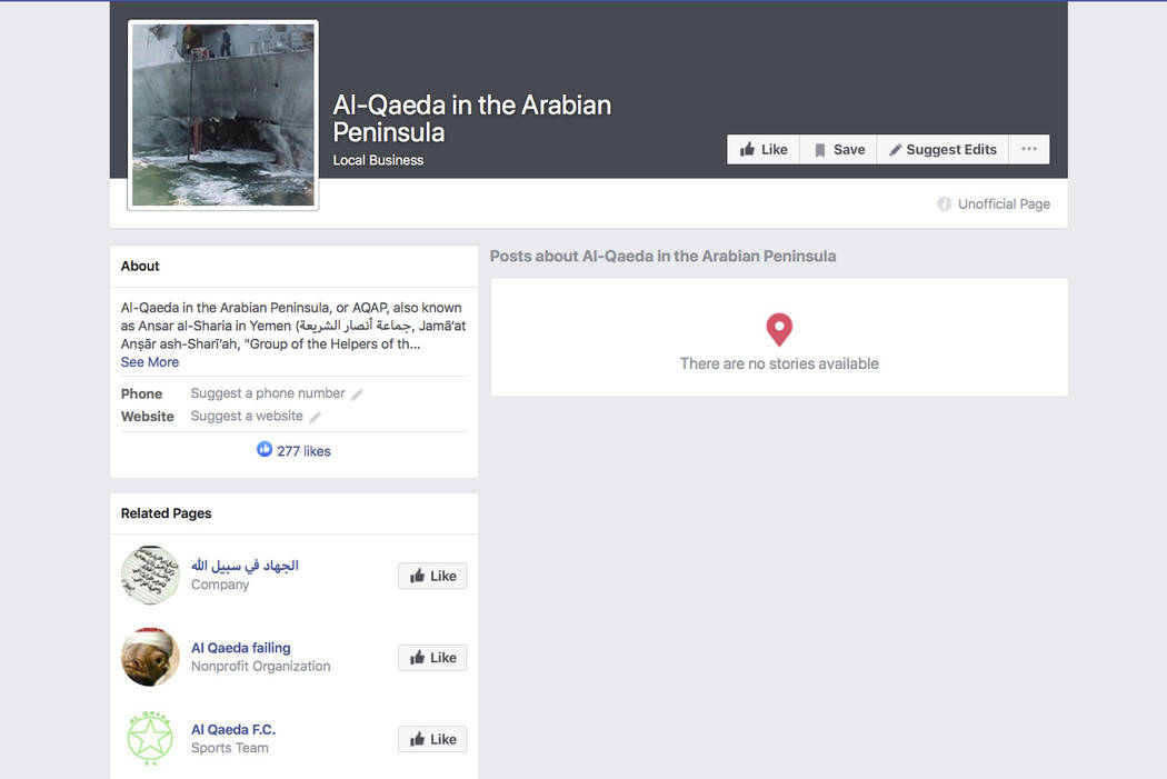A Facebook auto-generated page for a group identifying itself as the terror group "Al-Qaed ...