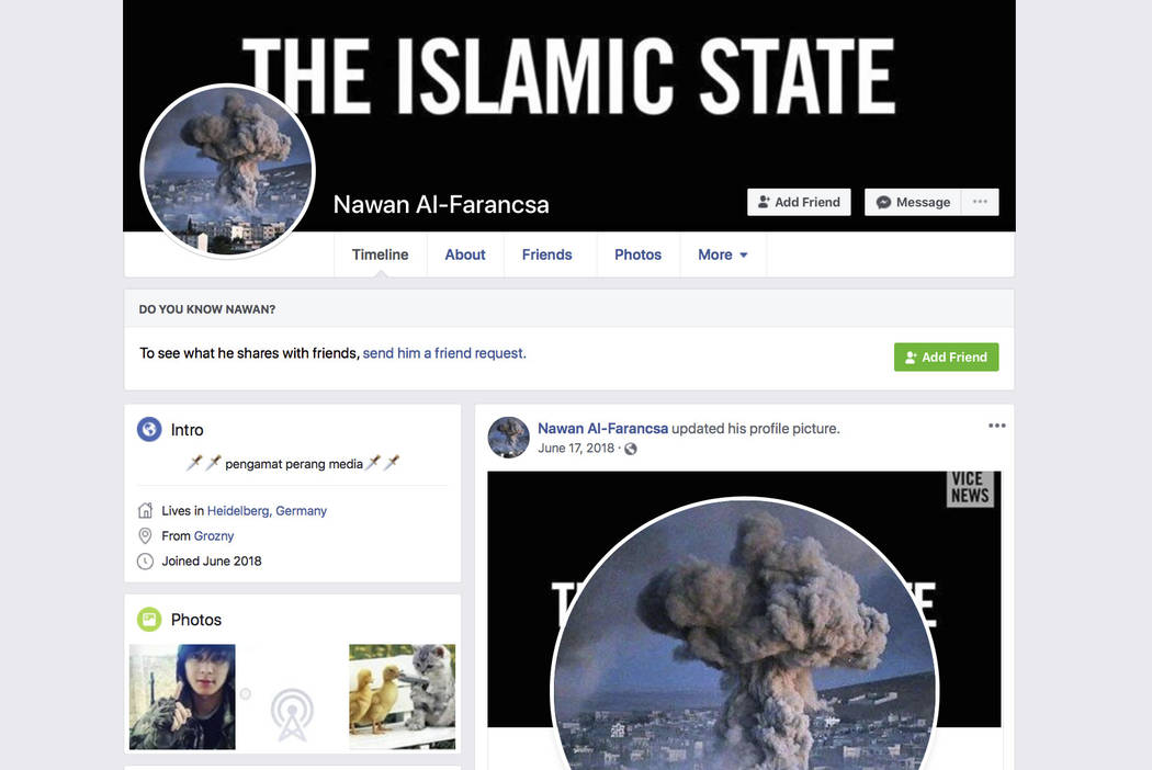 A banner reading "The Islamic State" is displayed on the Facebook page of a user iden ...