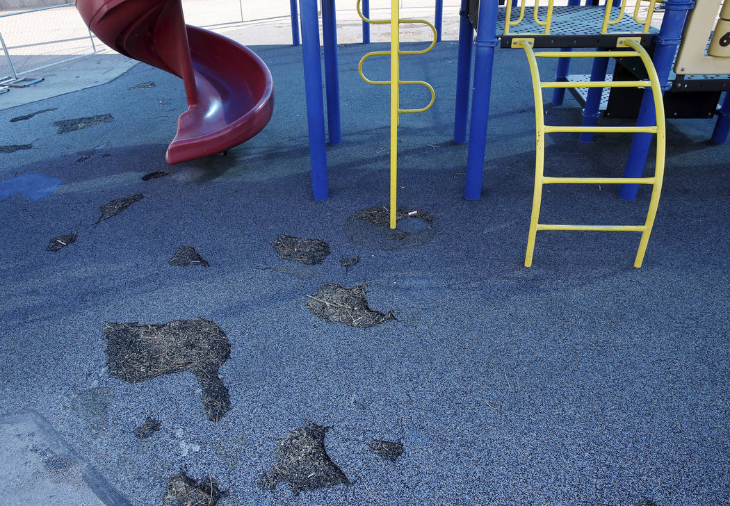 One of two closed playgrounds at Watson Elementary School in North Las Vegas Friday, April 5, 2 ...