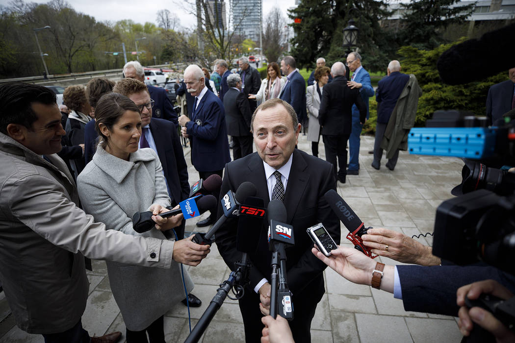 NHL Commissioner Gary Bettman speaks to the media following the funeral Mass for NHL legend Leo ...