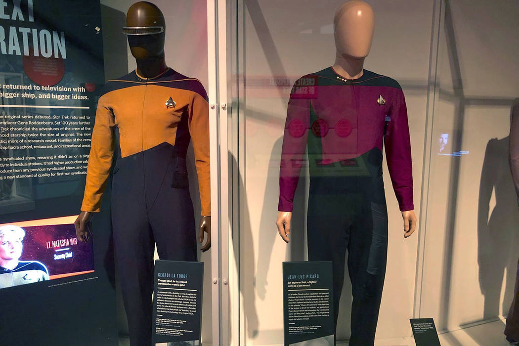 In this May 9, 2019 photo, the actual uniforms worn by actors LaVar Burton, who played the char ...