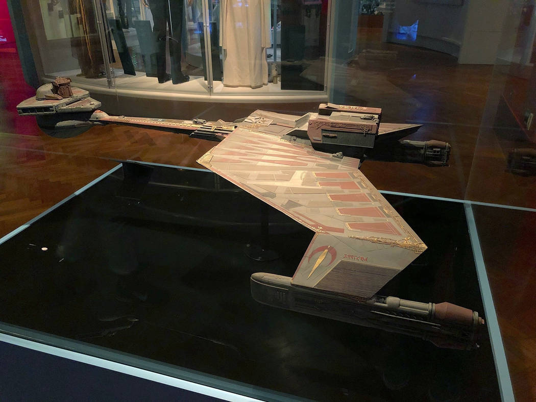 In this May 9, 2019 photo, a Klingon K't'inga Battle Cruiser filming miniature used in various ...
