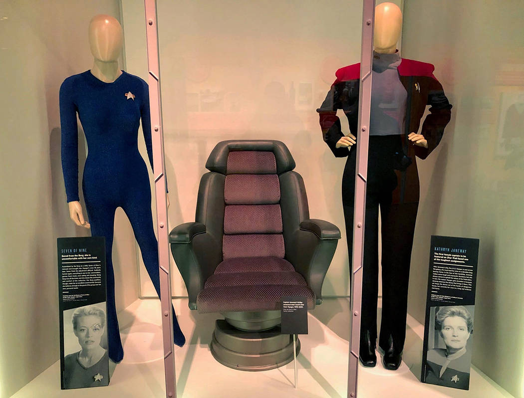 In this May 9, 2019 photo, the Seven of Nine costume, left, worn by actress Jeri Ryan and Capta ...