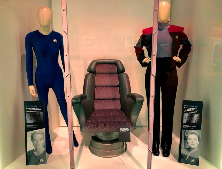 In this May 9, 2019 photo, the Seven of Nine costume, left, worn by actress Jeri Ryan and Capta ...